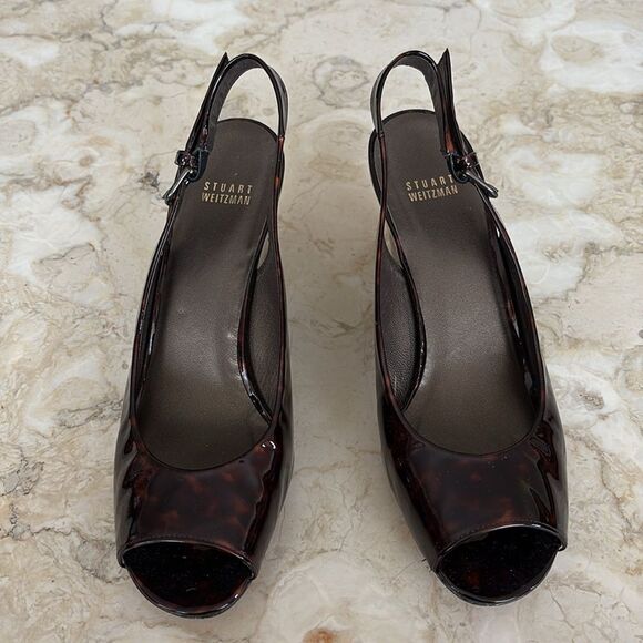 Stuart Weitzman Tortoise Shell Patent Leather Peep Toe Wedge Slingback Heels - Picture 4 of 13